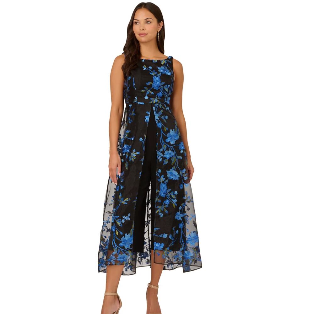 Adrianna Papell Women's Blue Embroidered Black Mesh-Overlay Jumpsuit NWT Sz 10